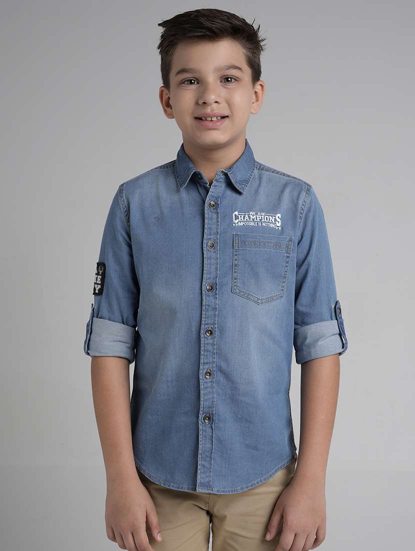boys solid long sleeve collared denim shirt