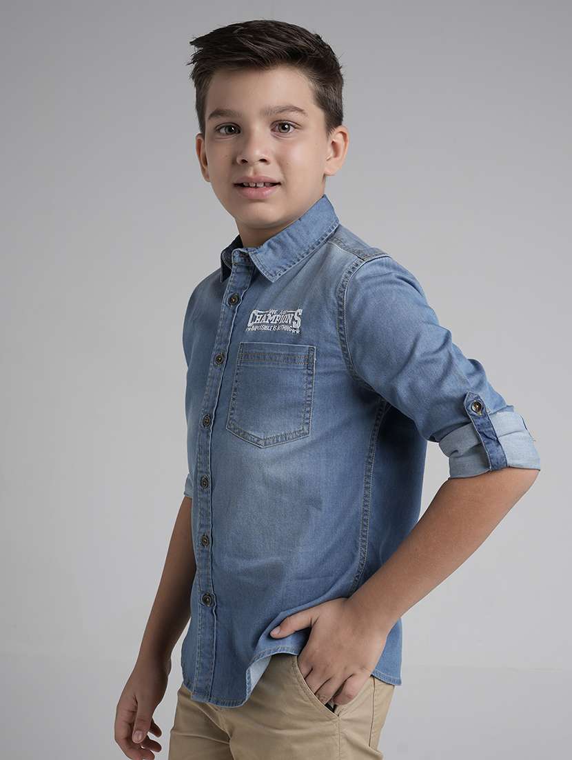 boys solid long sleeve collared denim shirt - 22106320 -  Standard Image - 1