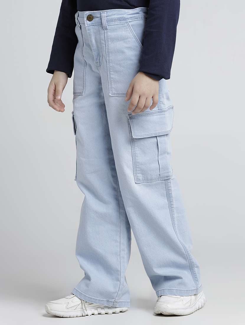 girls solid mid rise light blue denim cargo - 22106356 -  Standard Image - 1