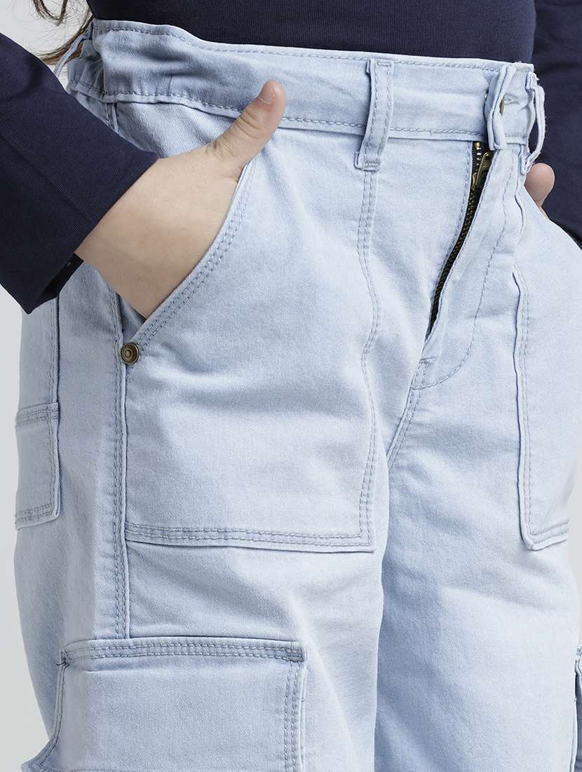 girls solid mid rise light blue denim cargo - 22106356 -  Standard Image - 4