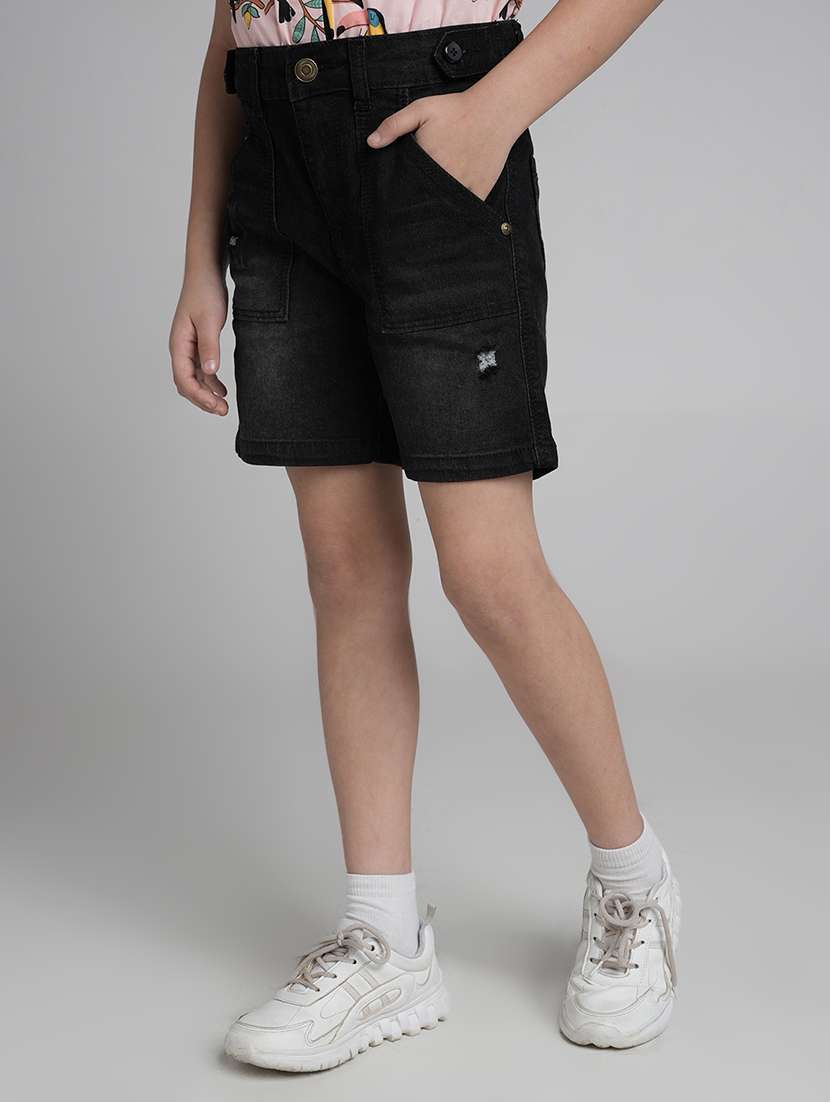 girls solid high rise denim shorts - 22106362 -  Standard Image - 1
