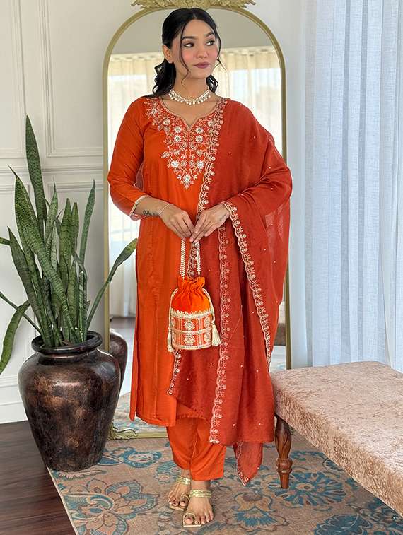 women embroidered three quarter sleeve kurta pant with dupatta set - 22106381 -  Standard Image - 1