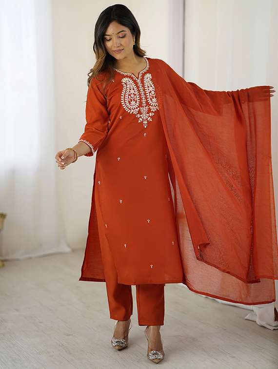 women embroidered three quarter sleeve kurta pant with dupatta set - 22106383 -  Standard Image - 1