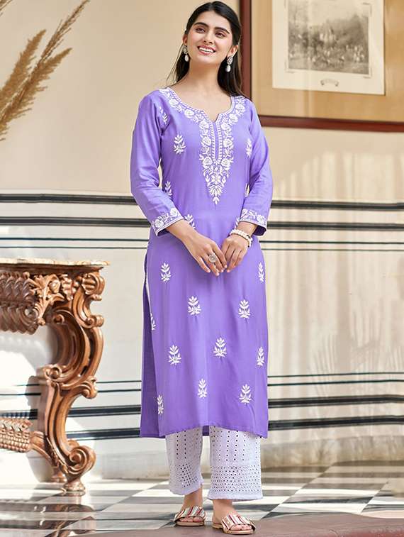 women three quarter sleeve straight chikankari  kurta - 22106384 -  Standard Image - 1