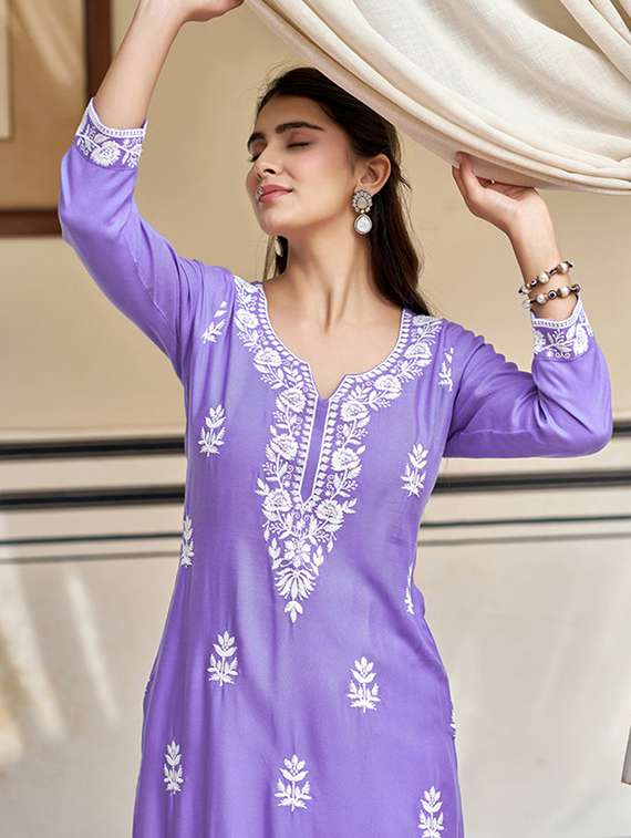women three quarter sleeve straight chikankari  kurta - 22106384 -  Standard Image - 4