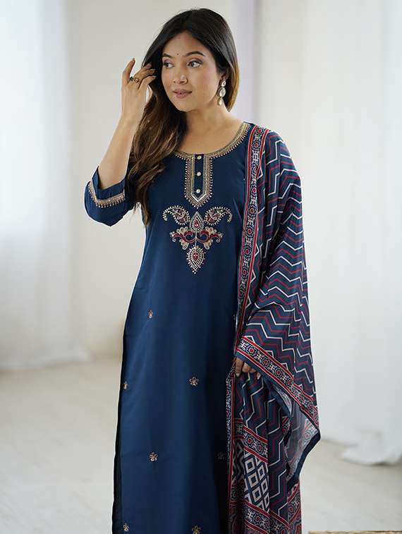 women embroidered three quarter sleeve kurta pant with dupatta set - 22106385 -  Standard Image - 1