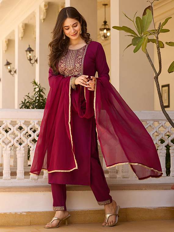 women embroidered three quarter sleeve kurta pant with dupatta set - 22106386 -  Standard Image - 1