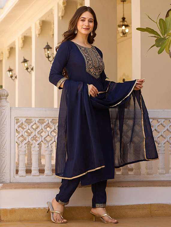 women embroidered three quarter sleeve kurta pant with dupatta set - 22106387 -  Standard Image - 1