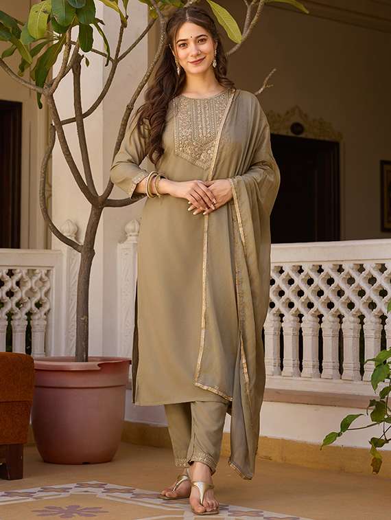 women embroidered three quarter sleeve kurta pant with dupatta set - 22106388 -  Standard Image - 1