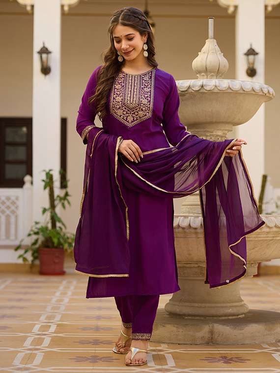 women embroidered three quarter sleeve kurta pant with dupatta set - 22106389 -  Standard Image - 1