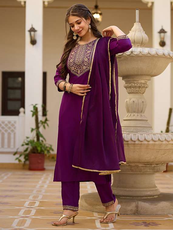 women embroidered three quarter sleeve kurta pant with dupatta set - 22106389 - Standard Image - 4