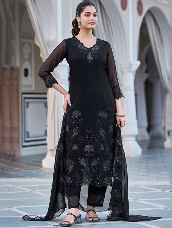 women embroidered three quarter sleeve kurta pant with dupatta set - 22106395 -  Standard Image - 4