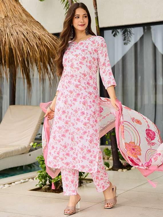 women floral three quarter sleeve kurta pant with dupatta set - 22106398 -  Standard Image - 1