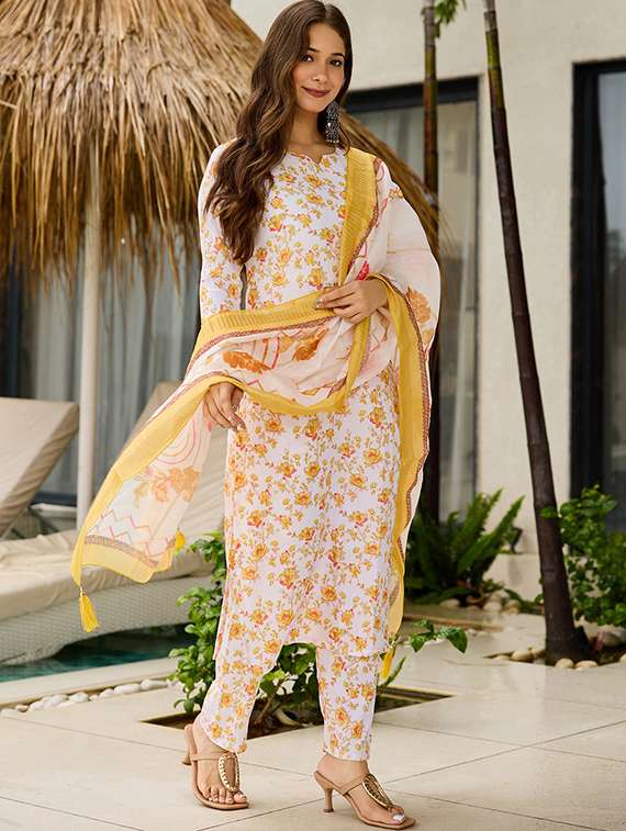 women floral three quarter sleeve kurta pant with dupatta set - 22106399 -  Standard Image - 1
