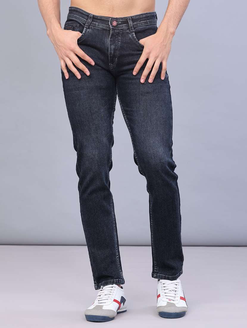 men washed mid rise full length jeans