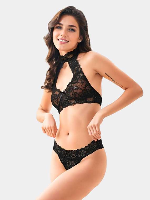 women solid laec bralette and panty set - 22107587 -  Standard Image - 1