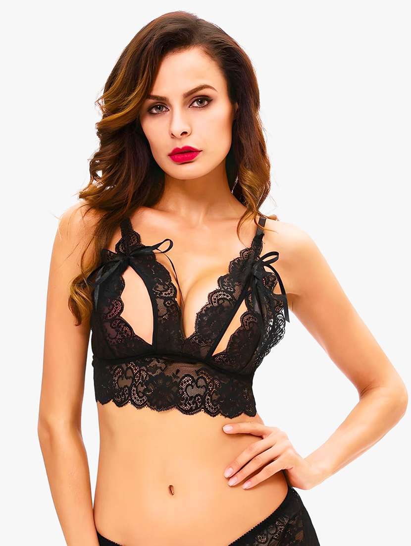 women solid lace bralette and boy shorts set - 22107589 -  Standard Image - 1