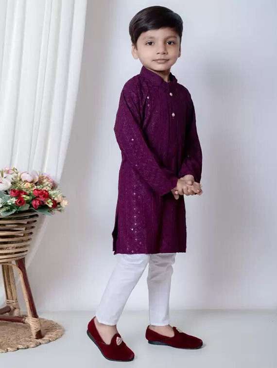 boys embroidered long sleeve kurta & pyjama set - 22107621 -  Standard Image - 1