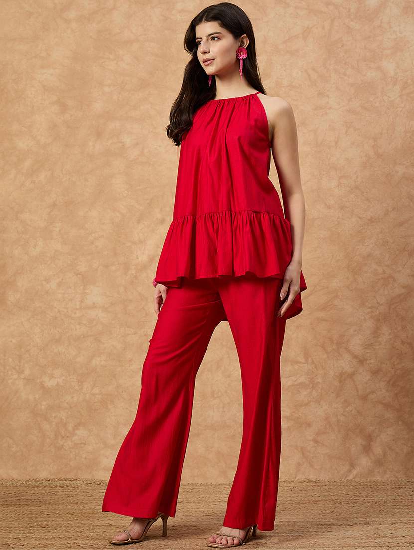 women solid halter neck top & trouser co-ord set - 22107695 -  Standard Image - 1