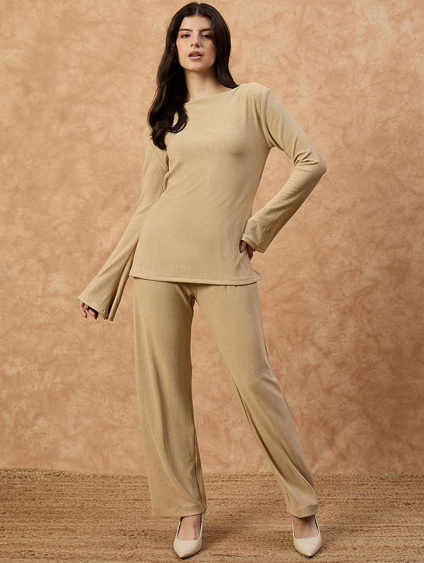 women solid round neck top & trouser co-ord set - 22107696 - Standard Image - 1