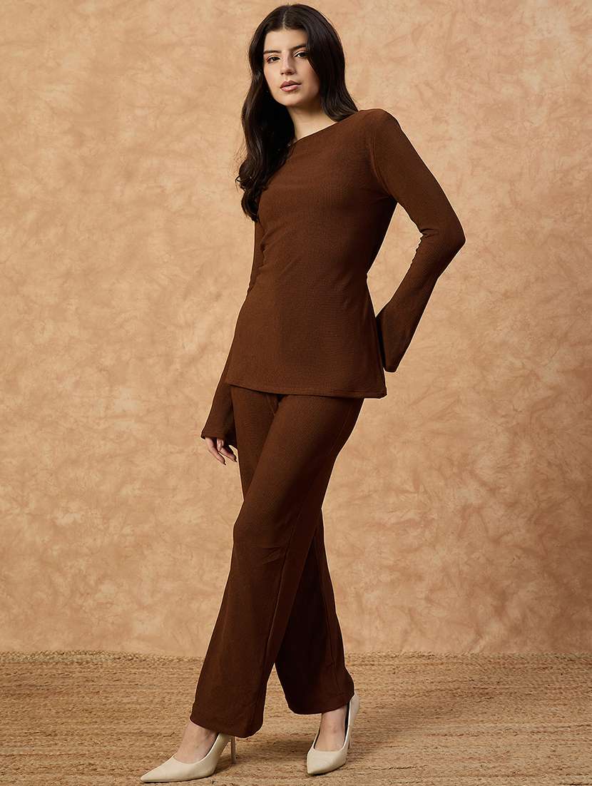 women solid round neck top & trouser co-ord set - 22107697 - Standard Image - 1
