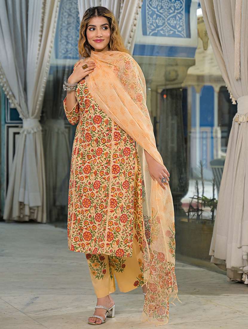 women floral three quarter sleeve kurta pant with dupatta set - 22107718 -  Standard Image - 1