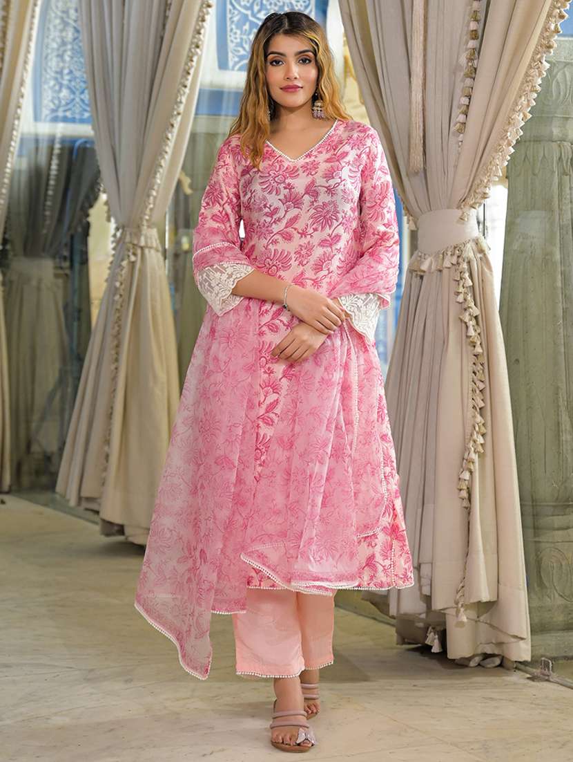 women floral three quarter sleeve kurta pant with dupatta set - 22107719 -  Standard Image - 1