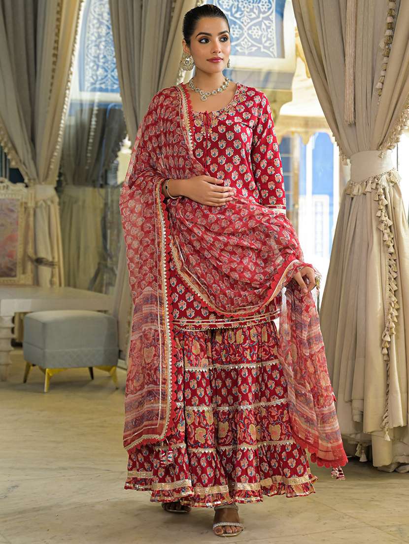 women floral three quarter sleeve kurta sharara with dupatta set - 22107723 -  Standard Image - 1