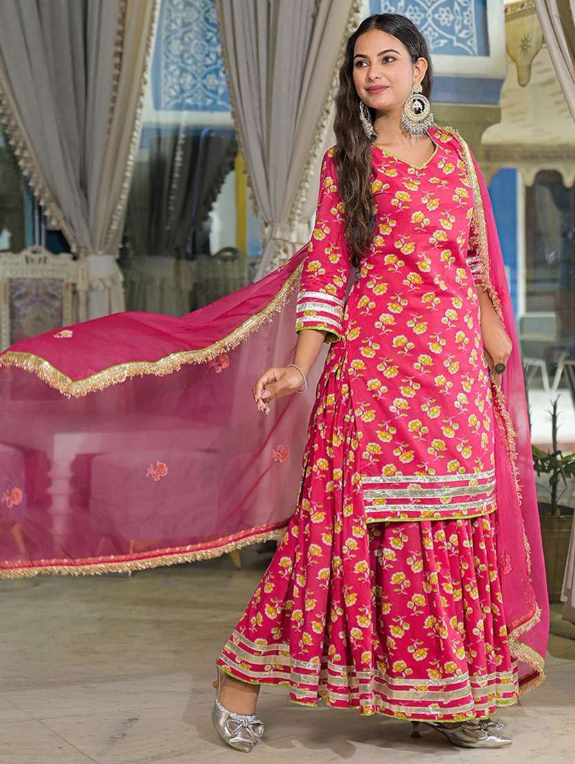 women floral three quarter sleeve kurta skirt with dupatta set - 22107724 -  Standard Image - 4