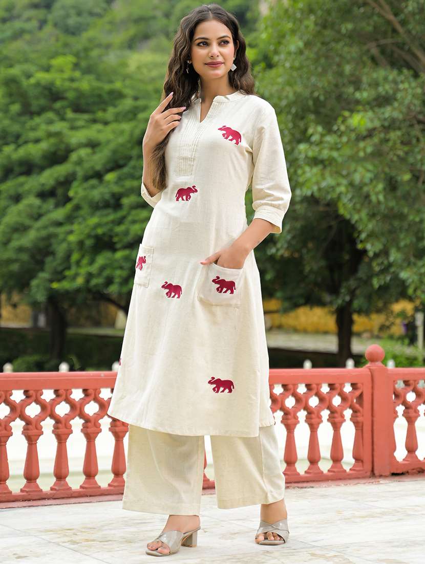 women embroidered three quarter sleeve kurta pant set - 22107795 -  Standard Image - 1