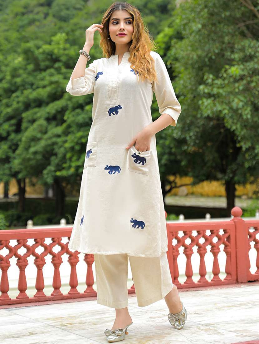 women embroidered three quarter sleeve kurta pant set - 22107796 -  Standard Image - 1