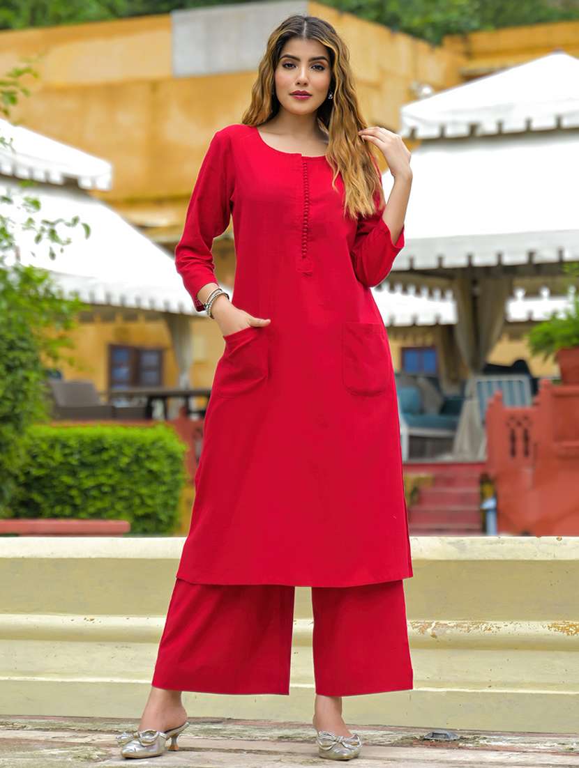 women solid three quarter sleeve kurta palazzo set - 22107798 -  Standard Image - 1