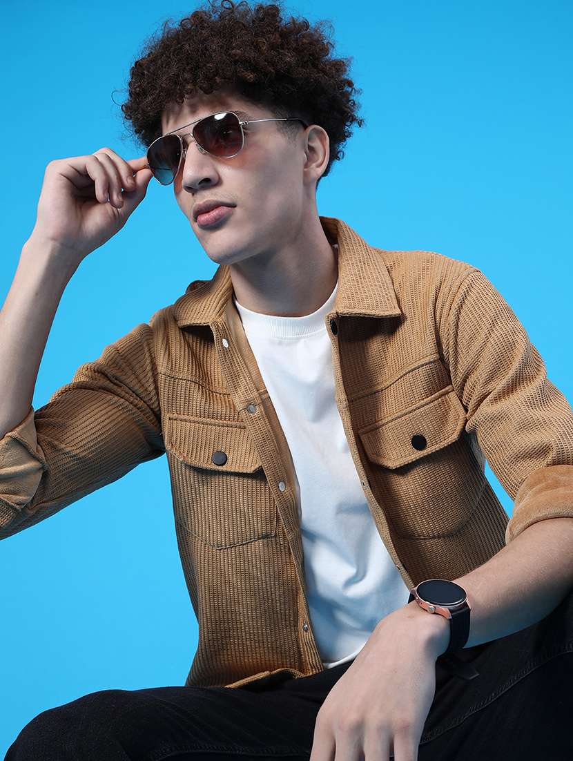 men solid long sleeve regular fit shacket