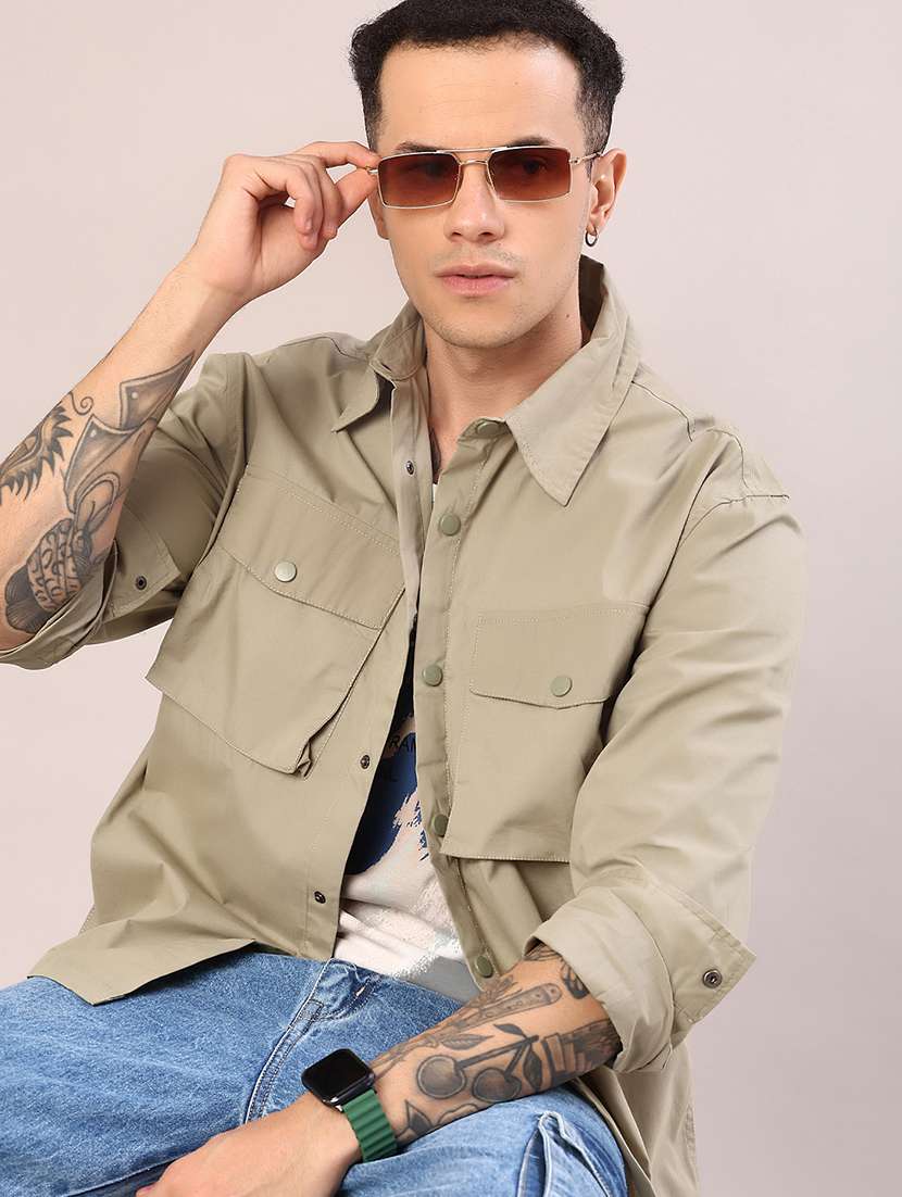 men solid long sleeve oversized casual shirt