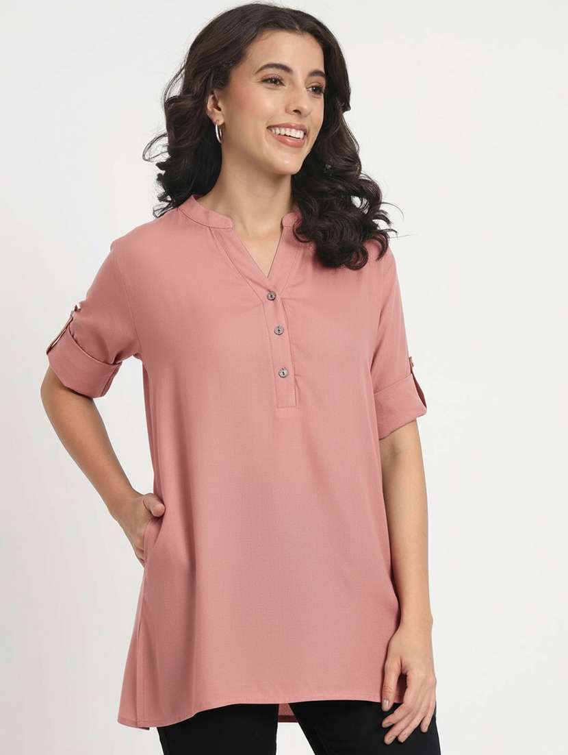 women solid mandarin neck tunic - 22108055 -  Standard Image - 1