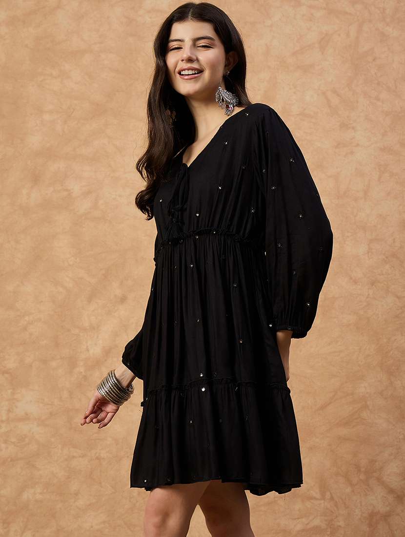 women solid puff sleeve tiered dress - 22109406 -  Standard Image - 1