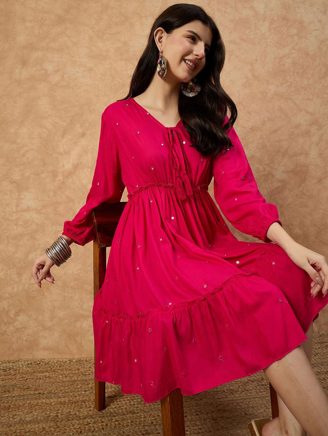 women mirroe worked puff sleeve tiered dress - 22109407 -  Standard Image - 1