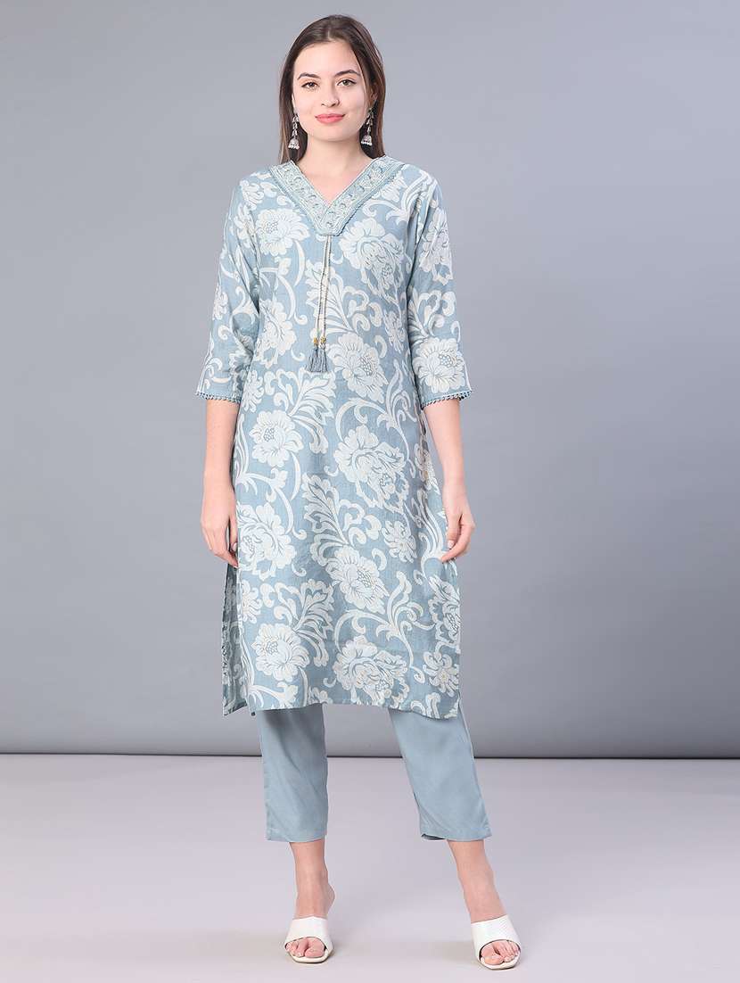 women floral three quarter sleeve kurta pant with dupatta set - 22110724 -  Standard Image - 1