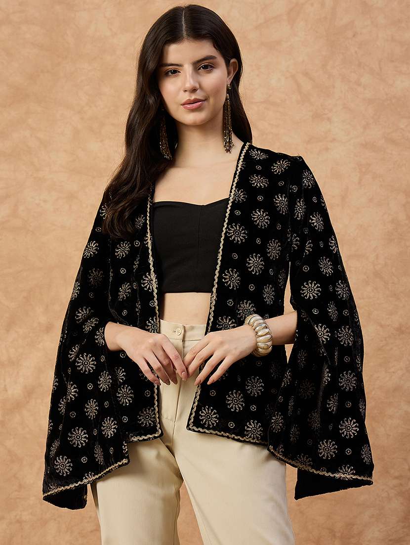women foil printed long sleeve ethnic shrug - 22110796 - Standard Image - 1