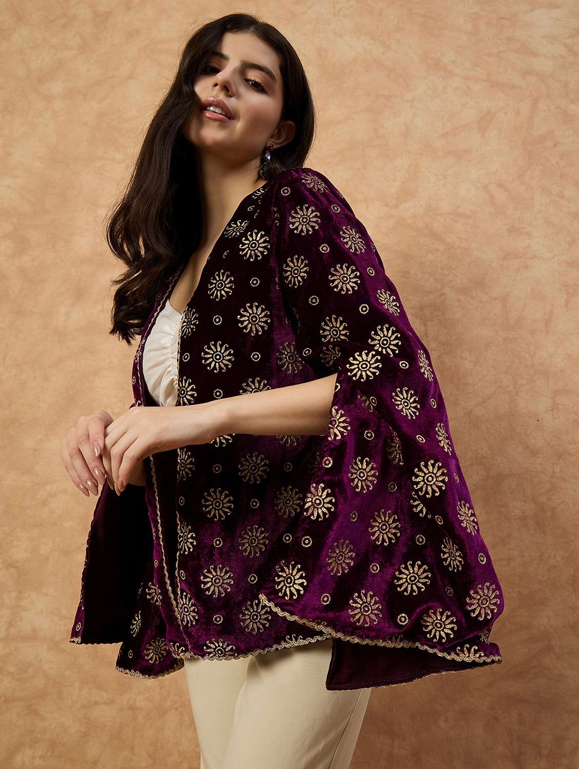multi colored velvet women foil printed long sleeve ethnic shrug - 22110797 -  Standard Image - 1