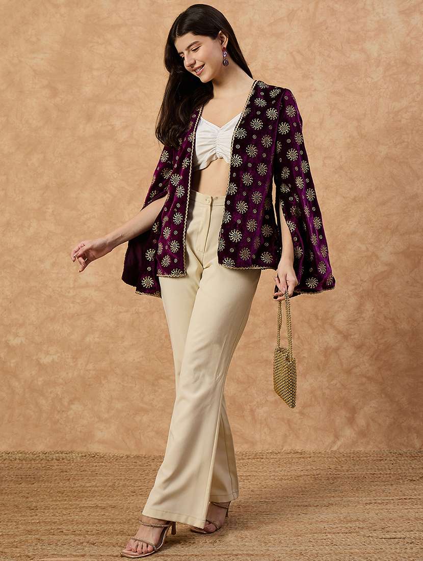 multi colored velvet women foil printed long sleeve ethnic shrug - 22110797 -  Standard Image - 4