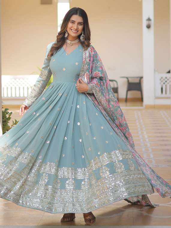 women solid with work long sleeve kurta dupatta set - 22112104 -  Standard Image - 1