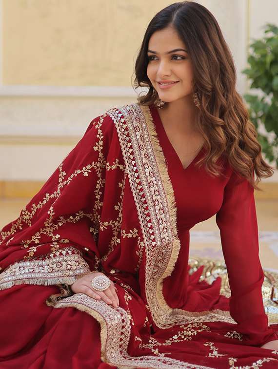 women solid with work long sleeve kurta dupatta set - 22112109 -  Standard Image - 1