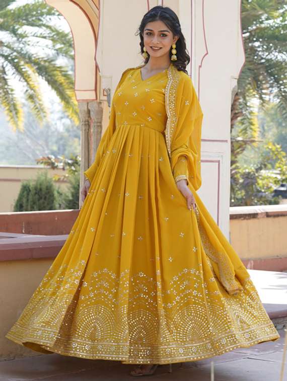 women solid with work long sleeve kurta dupatta set - 22112115 -  Standard Image - 1