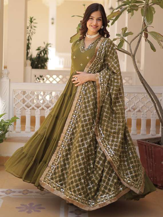 women solid with work long sleeve kurta dupatta set - 22112125 -  Standard Image - 1