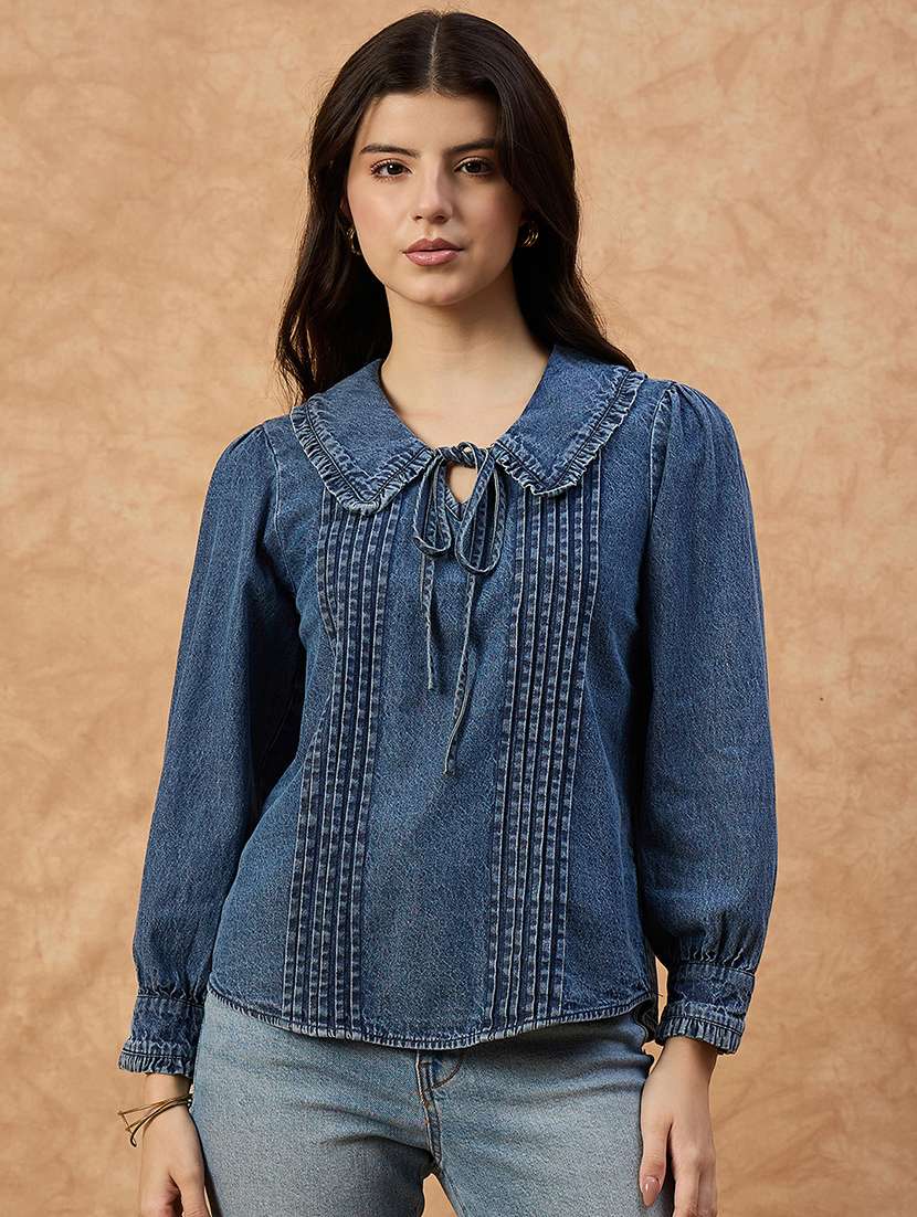 women solid puff sleeve denim top - 22112134 -  Standard Image - 1