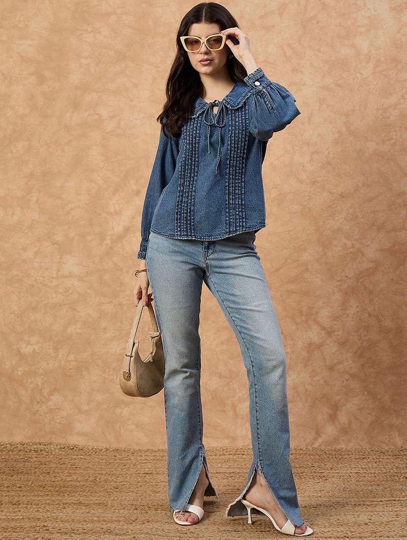 women solid puff sleeve denim top - 22112134 - Standard Image - 4