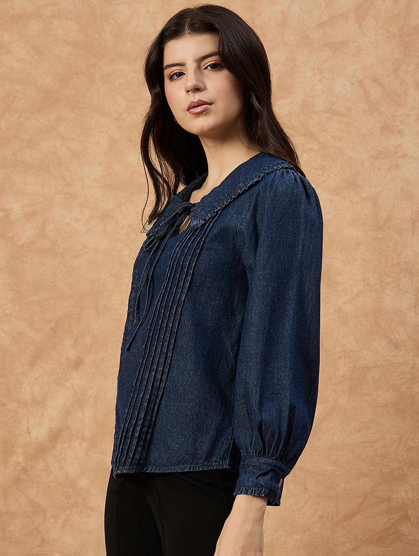 women solid puff sleeve denim top - 22112135 - Standard Image - 1