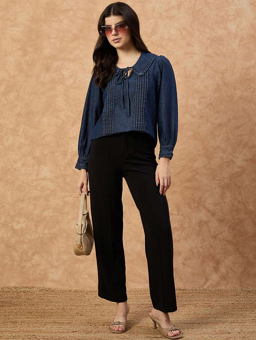 women solid puff sleeve denim top - 22112135 - Standard Image - 4
