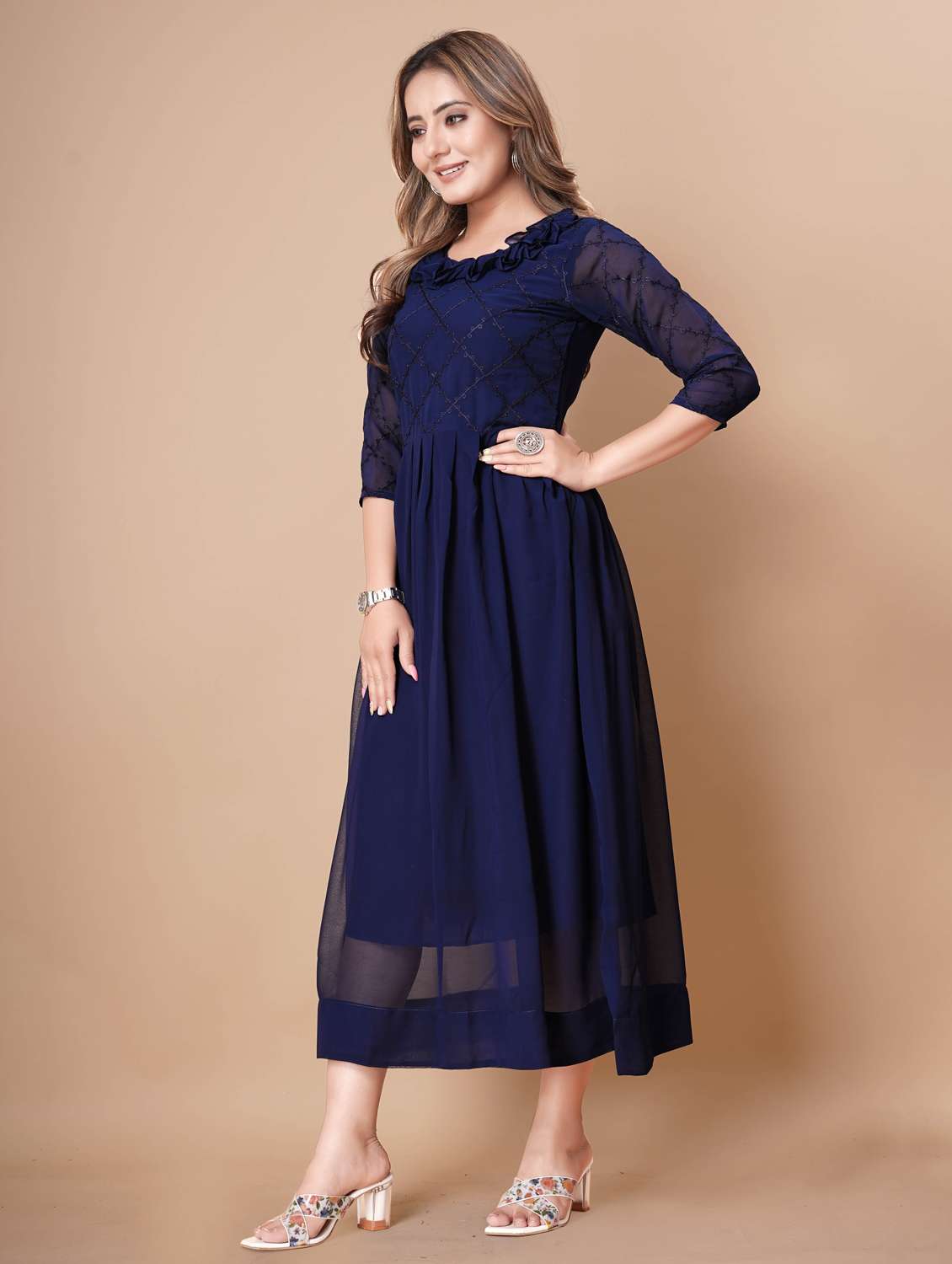 women embroidered three quarter sleeve fit & flare dress - 22112351 -  Standard Image - 1